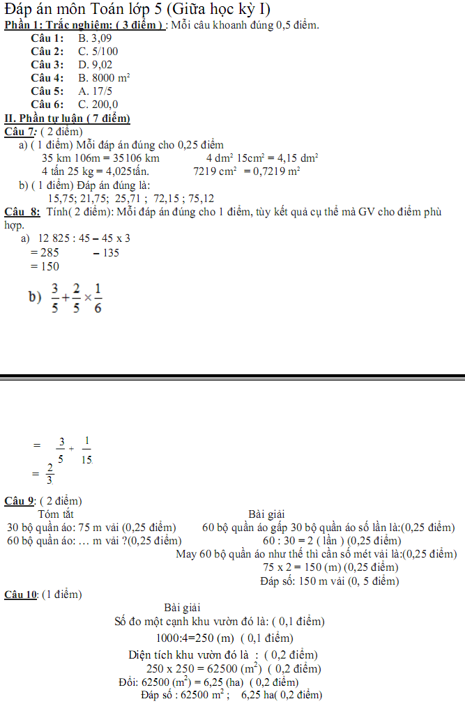 Đề thi giữa học kì 1 môn Toán lớp 5
