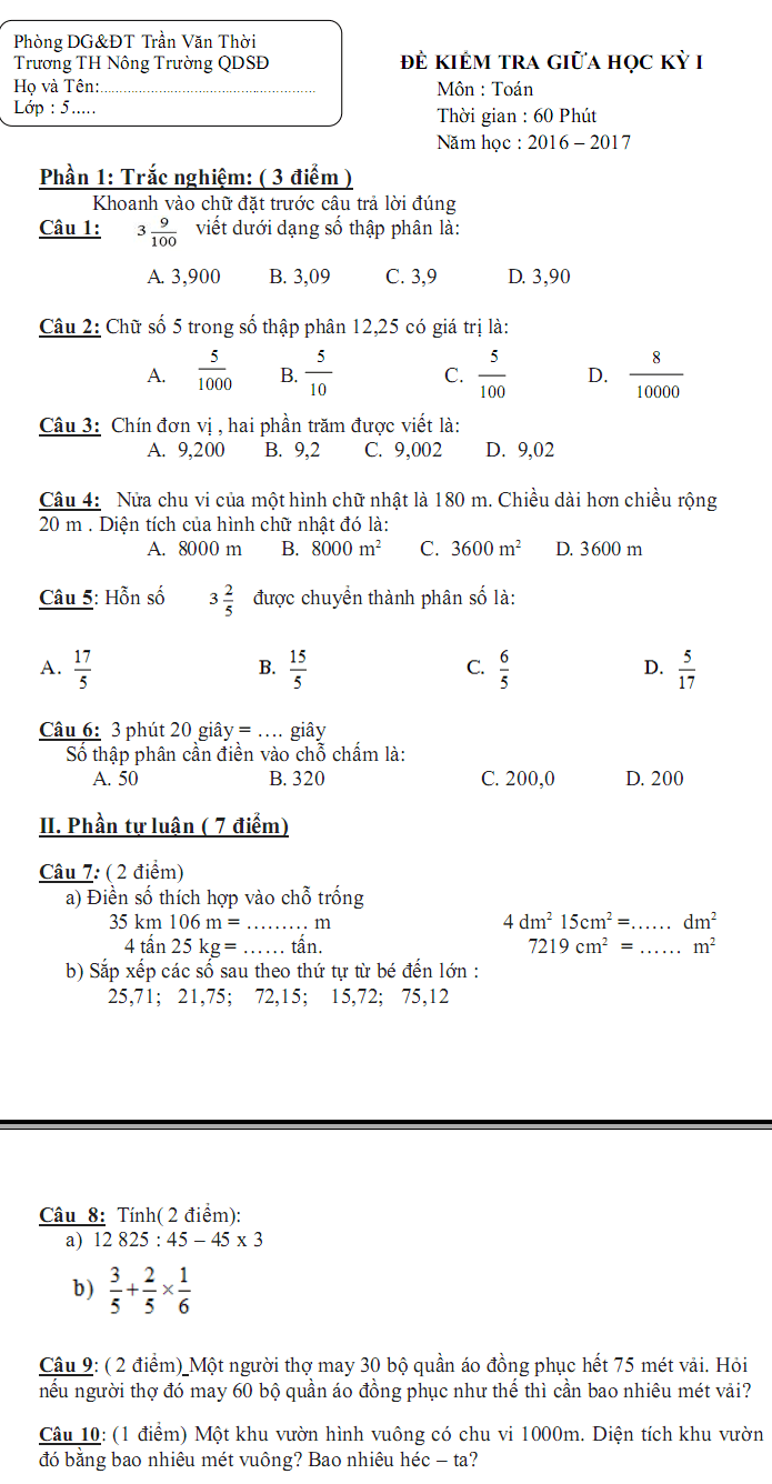 Đề thi giữa học kì 1 môn Toán lớp 5