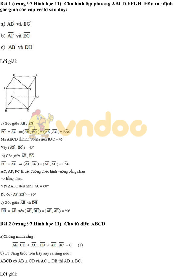 Giải bài tập Toán 11 Hình học chương 3 bài 2