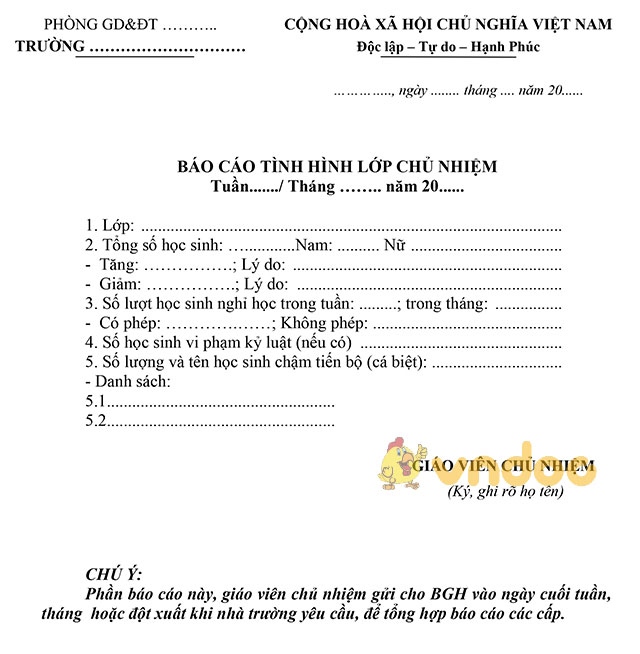 Mẫu báo cáo công tác chủ nhiệm theo tuần, tháng