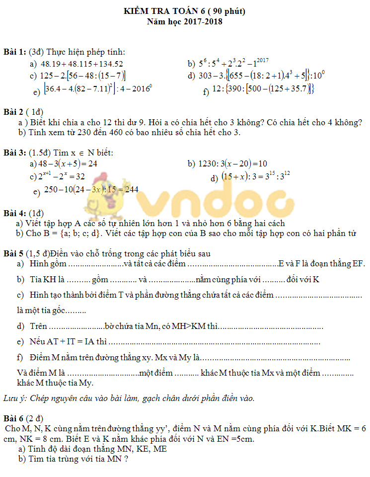 Đề kiểm tra giữa học kì 1 môn Toán lớp 6