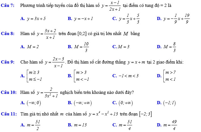 Đề khảo sát chất lượng môn Toán 12
