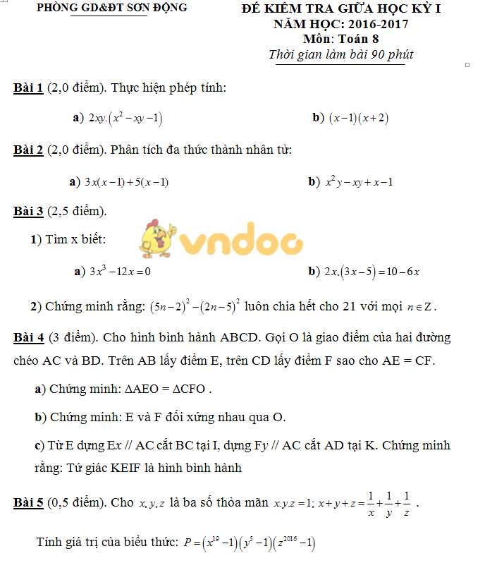 Đề kiểm tra giữa học kì 1 môn Toán lớp 8 