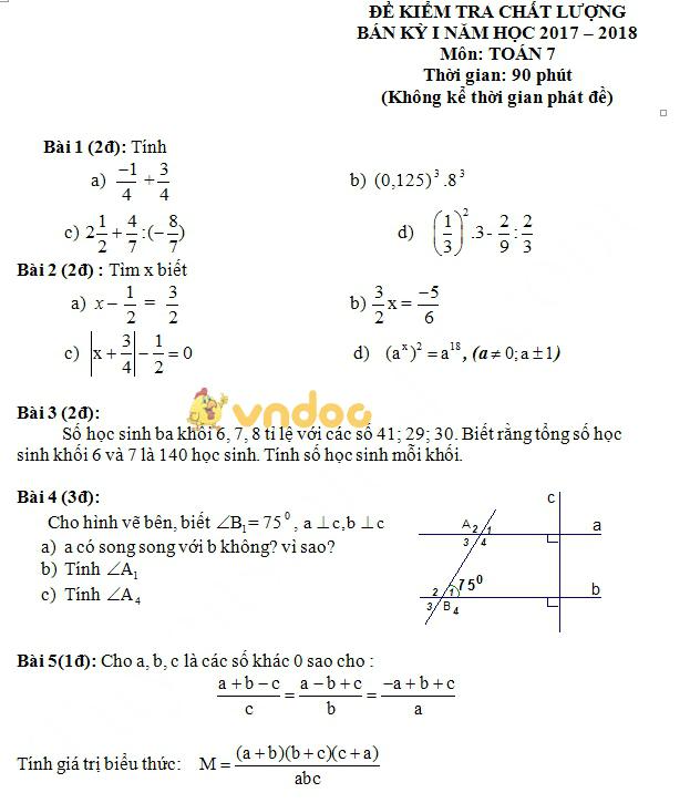 Đề kiểm tra giữa kì 1 môn Toán lớp 7 trường THCS Nguyễn Du