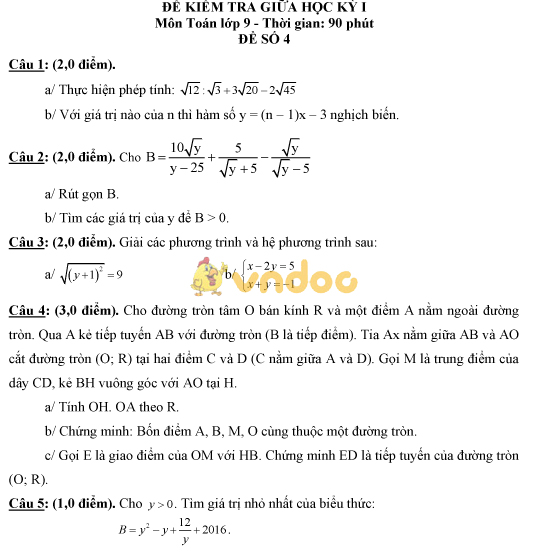 Bộ đề kiểm tra giữa học kì 1 môn Toán lớp 9 năm 2017