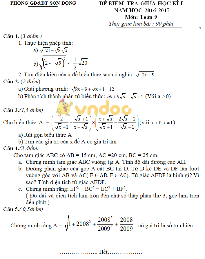 Đề thi giữa học kì 1 môn Toán lớp 9 trường THCS Sơn Động