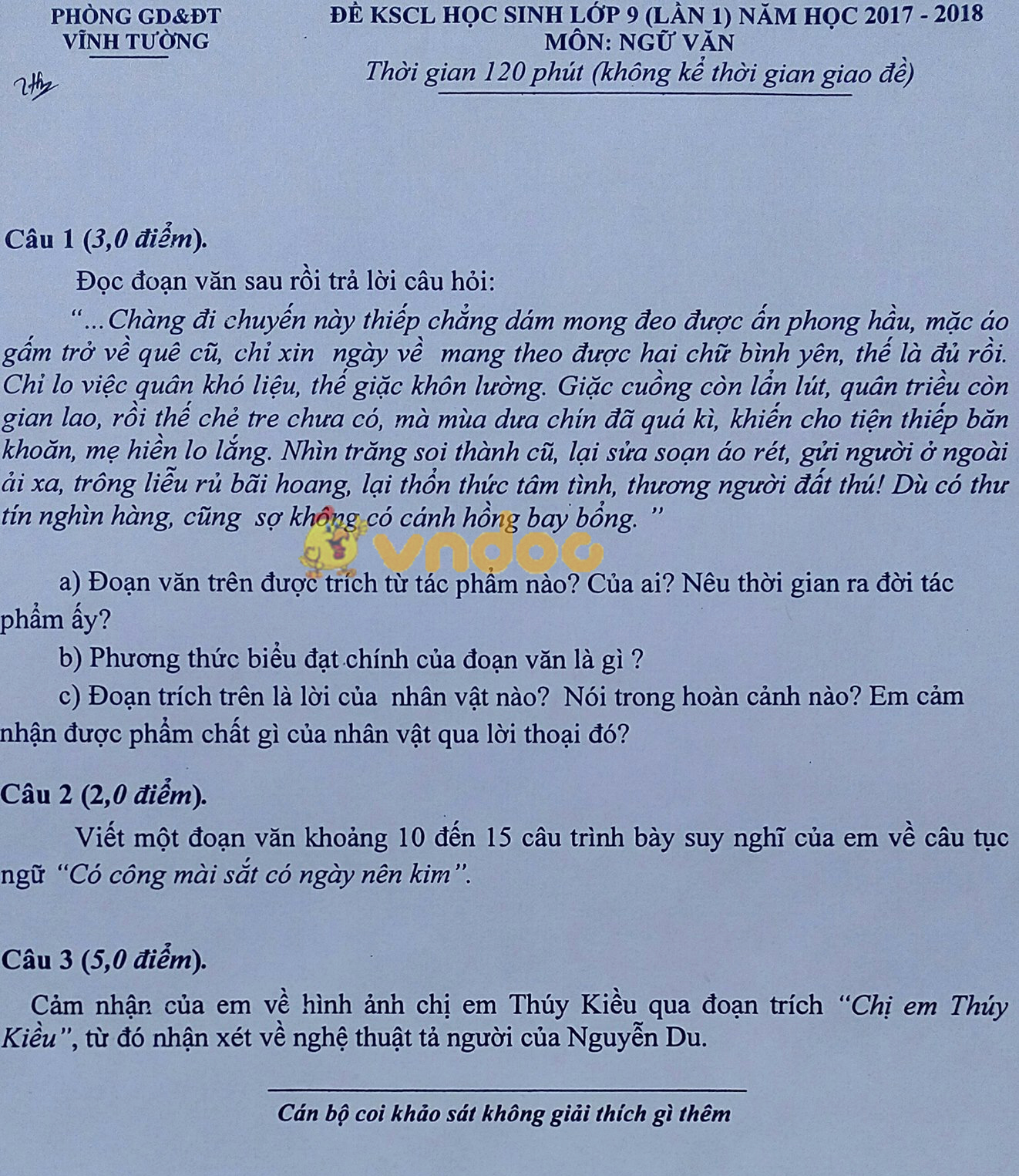 Đề KSCL môn Ngữ văn lớp 9 lần 1 Phòng GD&ĐT Vĩnh Tường 