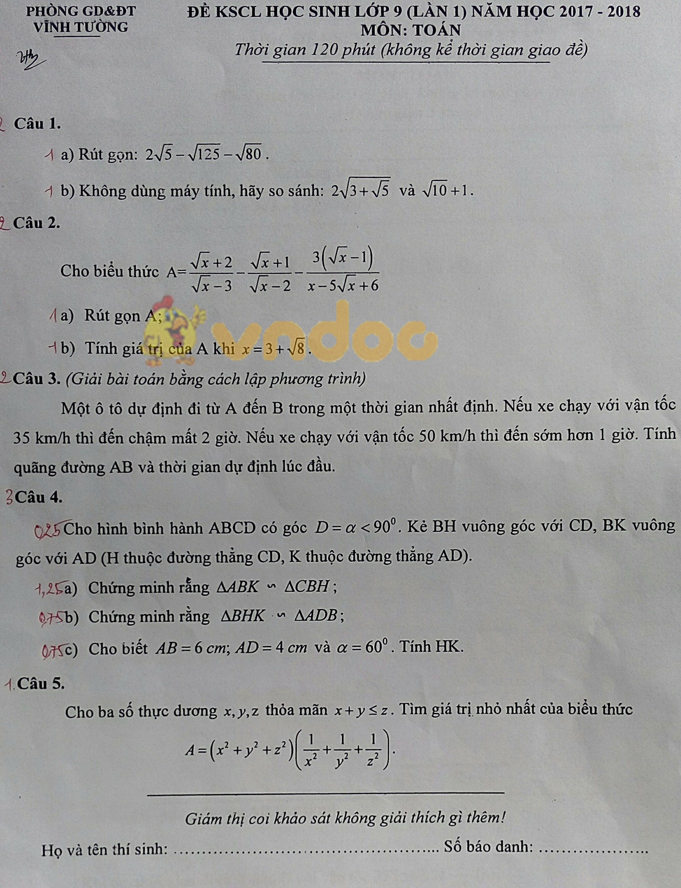 Đề KSCL môn Toán lớp 9 lần 1 Phòng GD&ĐT Vĩnh Tường