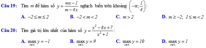 Đề kiểm tra chất lượng giữa học kỳ 1 môn Toán 12