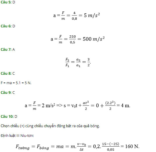 Trắc nghiệm Vật lý 10 chương 2: Ba định luật Niu - Tơn