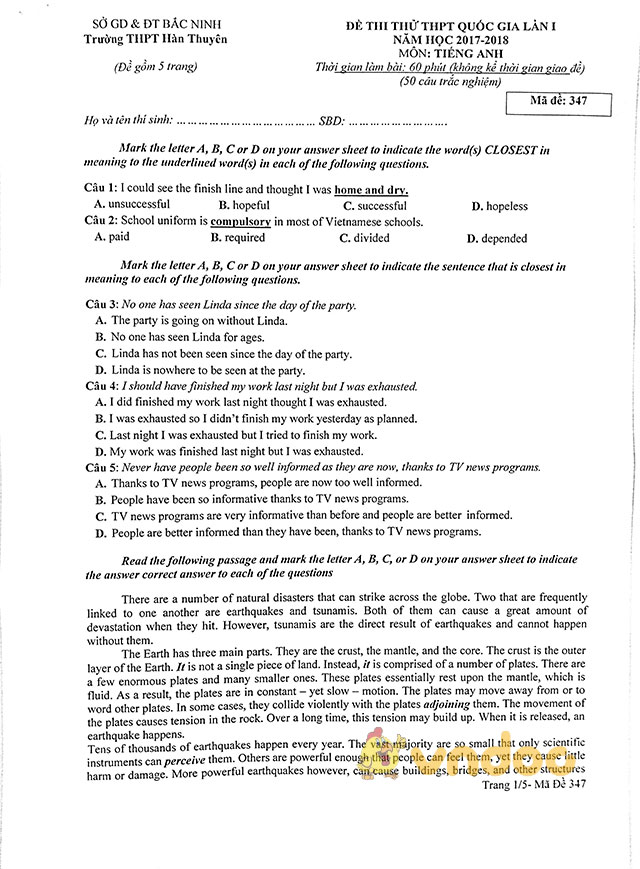 Đề thi thử THPT Quốc gia năm 2018 môn tiếng Anh trường THPT Hàn Thuyên, Bắc Ninh lần 1 có đáp án