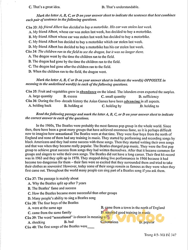 Đề thi thử THPT Quốc gia năm 2018 môn tiếng Anh trường THPT Hàn Thuyên, Bắc Ninh lần 1 có đáp án