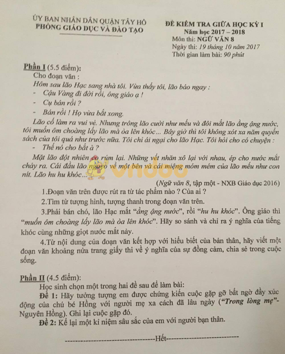 Đề kiểm tra giữa học kì 1 môn Ngữ văn lớp 8