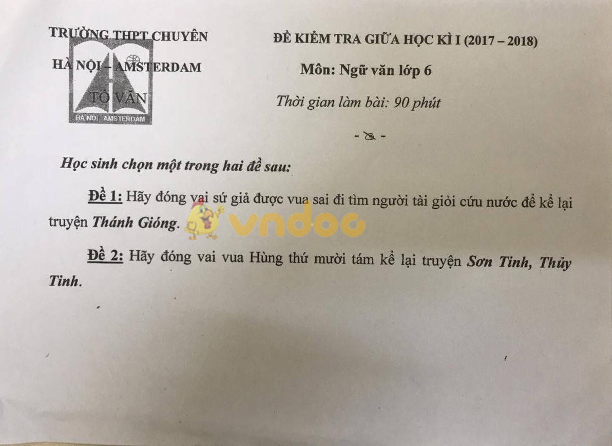 Đề kiểm tra giữa học kì 1 môn Ngữ văn lớp 6 trường THPT Chuyên Amsterdam
