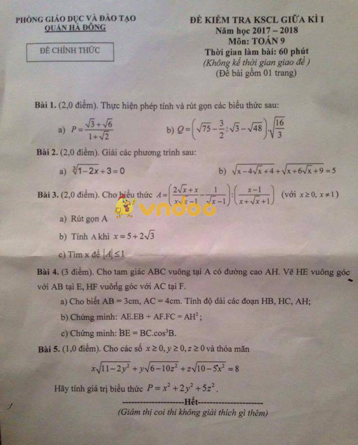 Đề kiểm tra giữa học kì 1 lớp 9 môn Toán