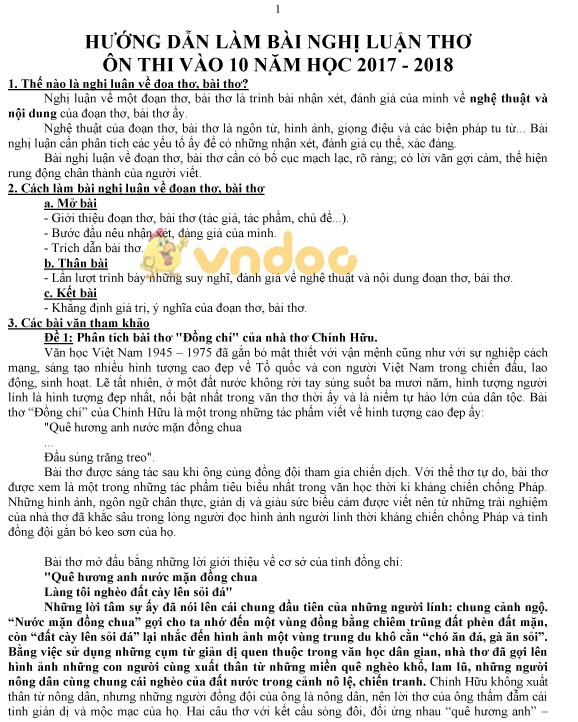 Hướng dẫn làm bài Văn nghị luận thơ ôn thi vào lớp 10