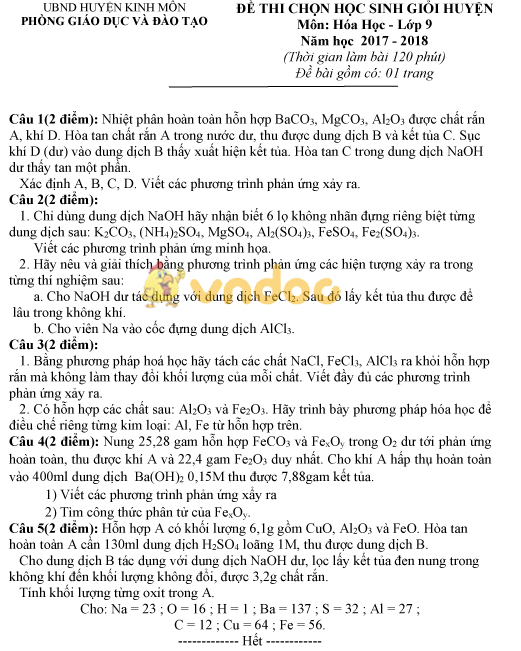 Đề thi chọn học sinh giỏi môn Hóa học lớp 9 