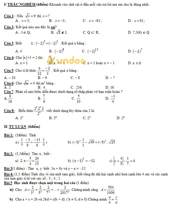 Đề kiểm tra giữa học kỳ 1 môn Toán lớp 7
