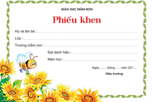 Mẫu phiếu khen bé ngoan mầm non
