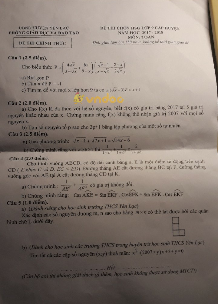 Đề thi chọn học sinh giỏi cấp huyện môn Toán lớp 9 Phòng GD&ĐT Yên Lạc