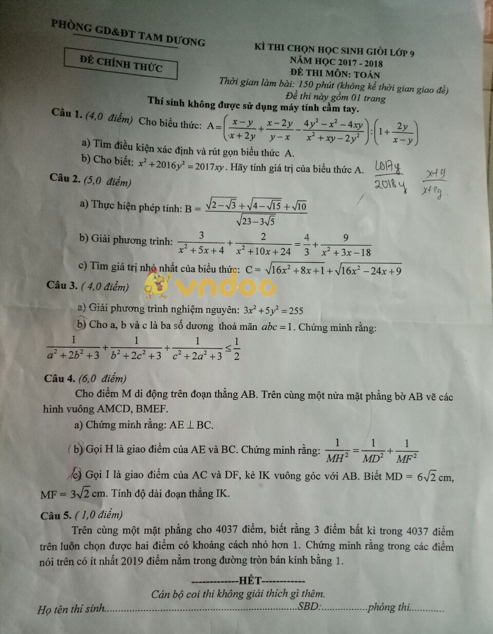 Đề thi chọn học sinh giỏi môn Toán lớp 9 Phòng GD&ĐT Tam Dương