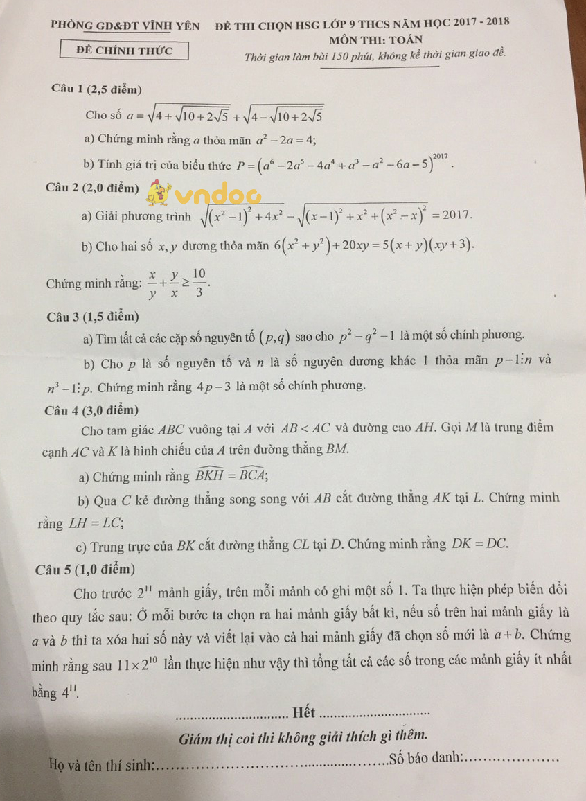 Đề thi chọn học sinh giỏi môn Toán lớp 9 Phòng GD&ĐT Vĩnh Yên