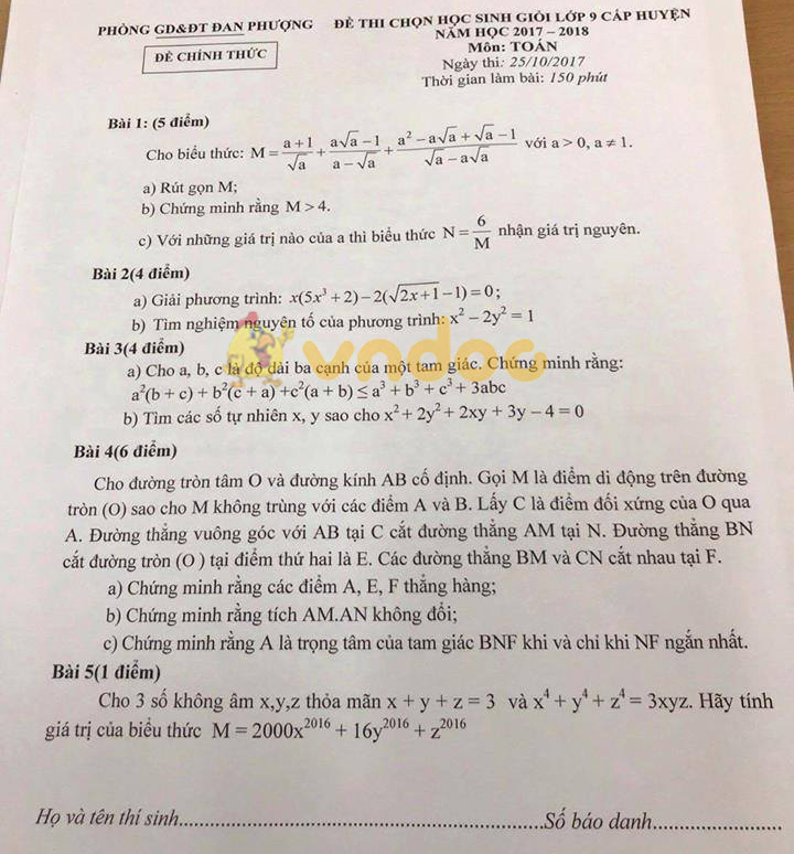 Bộ đề thi học sinh giỏi lớp 9 môn Toán năm học 2017 - 2018
