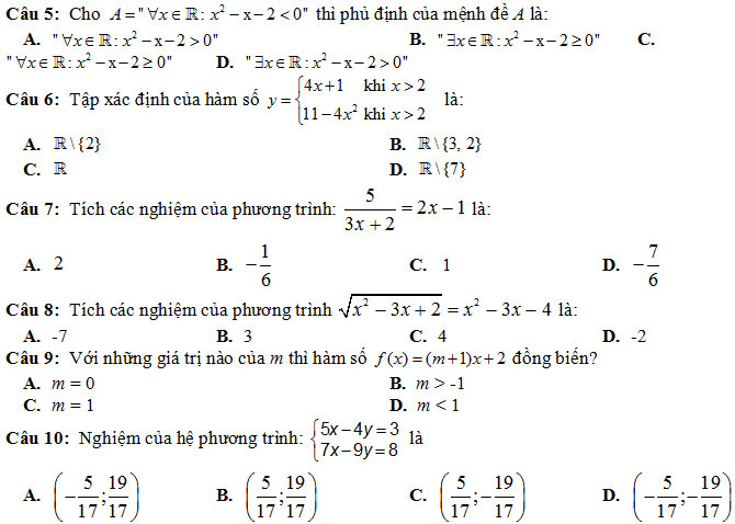 100 câu hỏi trắc nghiệm Đại số ôn thi học kỳ 1 lớp 10 năm 2018
