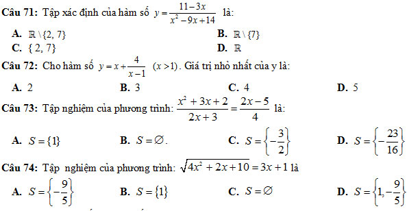 100 câu hỏi trắc nghiệm Đại số ôn thi học kỳ 1 lớp 10 năm 2018