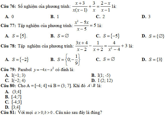 100 câu hỏi trắc nghiệm Đại số ôn thi học kỳ 1 lớp 10 năm 2018