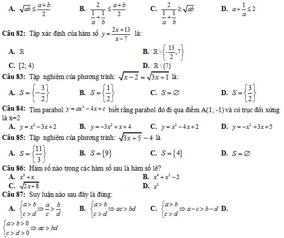 100 câu hỏi trắc nghiệm Đại số ôn thi học kỳ 1 lớp 10 năm 2018