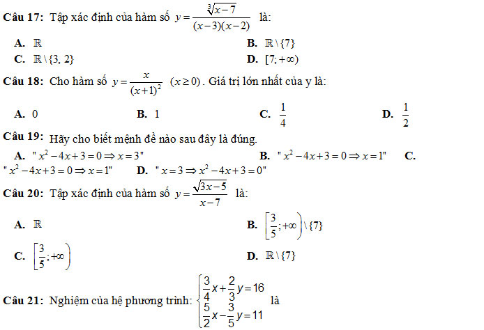 100 câu hỏi trắc nghiệm Đại số ôn thi học kỳ 1 lớp 10 năm 2018