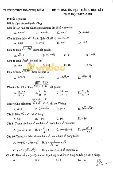 Đề cương ôn tập học kì 1 lớp 9 môn Toán trường THCS Đoàn Thị Điểm năm học 2017 - 2018
