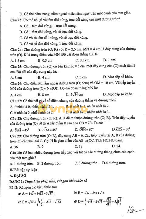 Đề cương ôn tập học kì 1 lớp 9 môn Toán trường THCS Đoàn Thị Điểm năm học 2017 - 2018