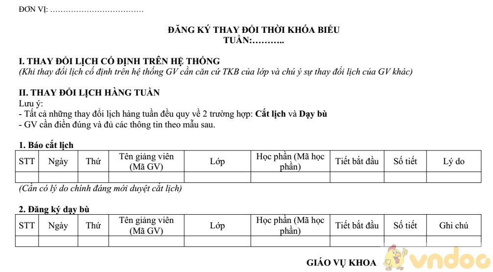 Đơn xin đổi thời khóa biểu