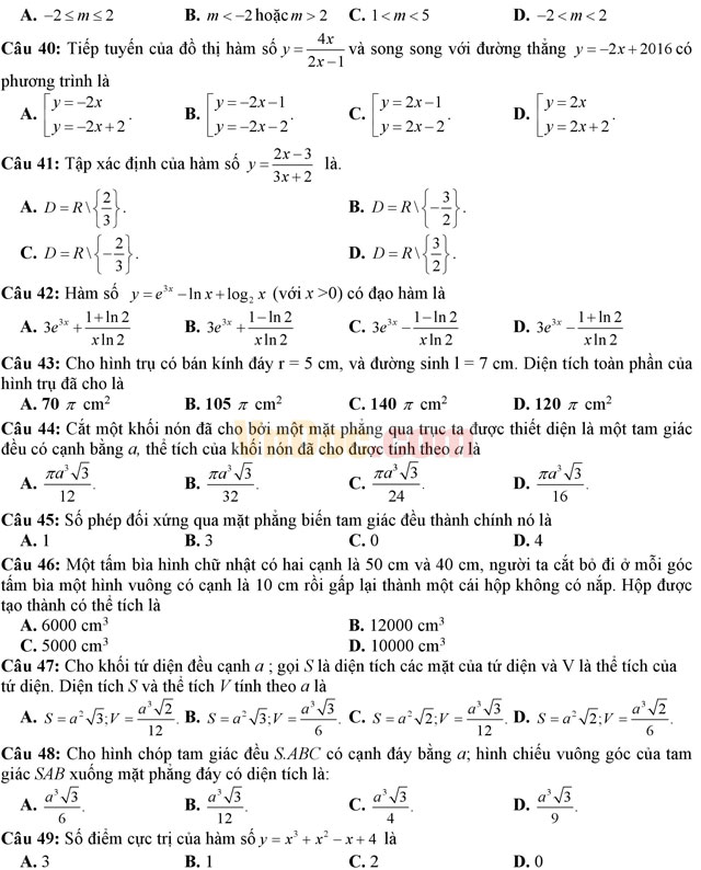 Bộ đề thi học kì 1 môn Toán lớp 12 năm học 2016 - 2017 (Số 2)