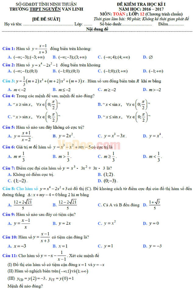 Bộ đề thi học kì 1 môn Toán lớp 12 năm học 2016 - 2017 (Số 2)