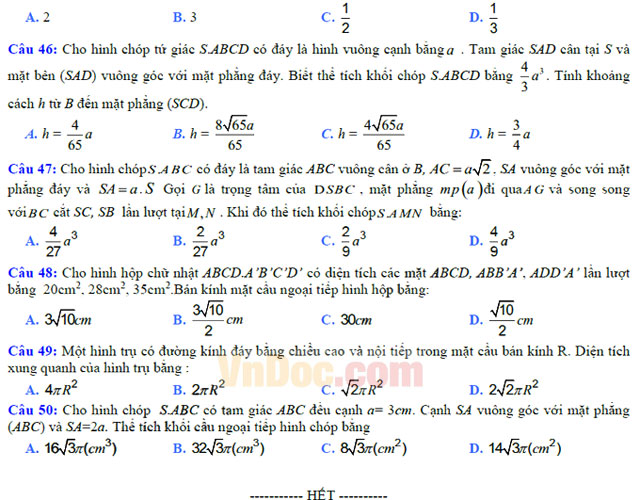 Bộ đề thi học kì 1 môn Toán lớp 12 năm học 2016 - 2017 (Số 2)