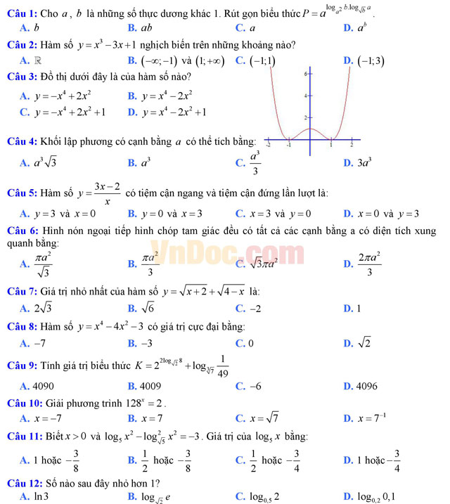 Bộ đề thi học kì 1 môn Toán lớp 12 năm học 2016 - 2017 (Số 2)