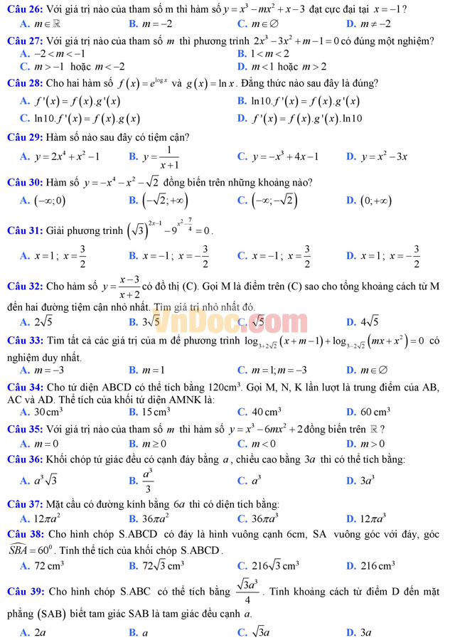 Bộ đề thi học kì 1 môn Toán lớp 12 năm học 2016 - 2017 (Số 2)