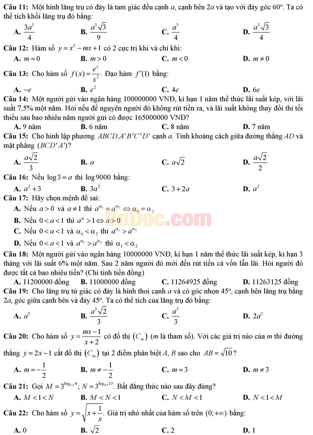 Bộ đề thi học kì 1 môn Toán lớp 12 năm học 2016 - 2017 (Số 2)