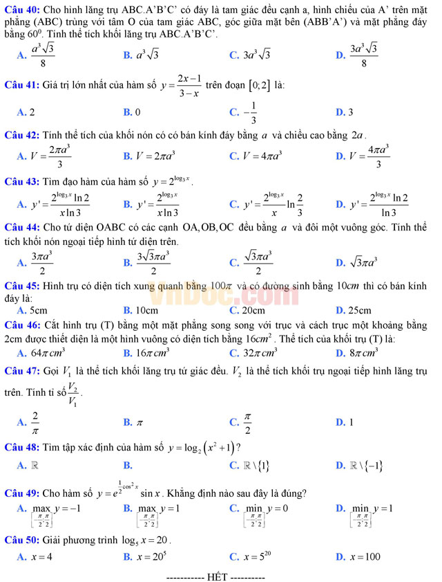 Bộ đề thi học kì 1 môn Toán lớp 12 năm học 2016 - 2017 (Số 2)