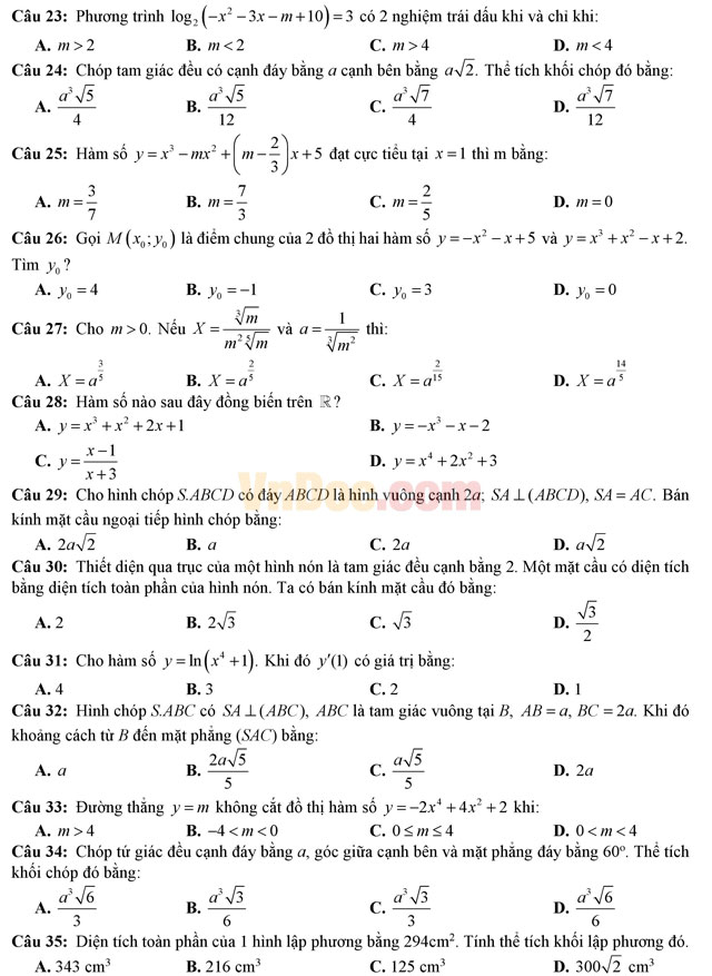 Bộ đề thi học kì 1 môn Toán lớp 12 năm học 2016 - 2017 (Số 2)
