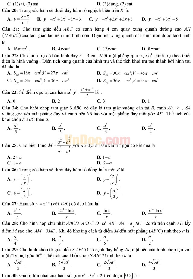 Bộ đề thi học kì 1 môn Toán lớp 12 năm học 2016 - 2017 (Số 2)