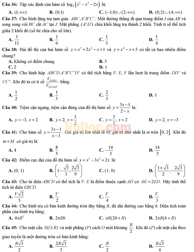 Bộ đề thi học kì 1 môn Toán lớp 12 năm học 2016 - 2017 (Số 2)