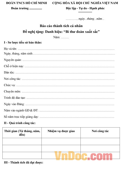 Mẫu báo cáo thành tích cá nhân trong công tác Đoàn