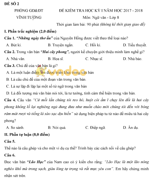 Bộ đề thi học kì 1 lớp 8 môn Ngữ văn năm học 2017 - 2018