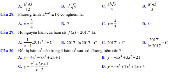 Đề thi thử học kỳ 1 môn Toán lớp 12 năm học 2017 - 2018
