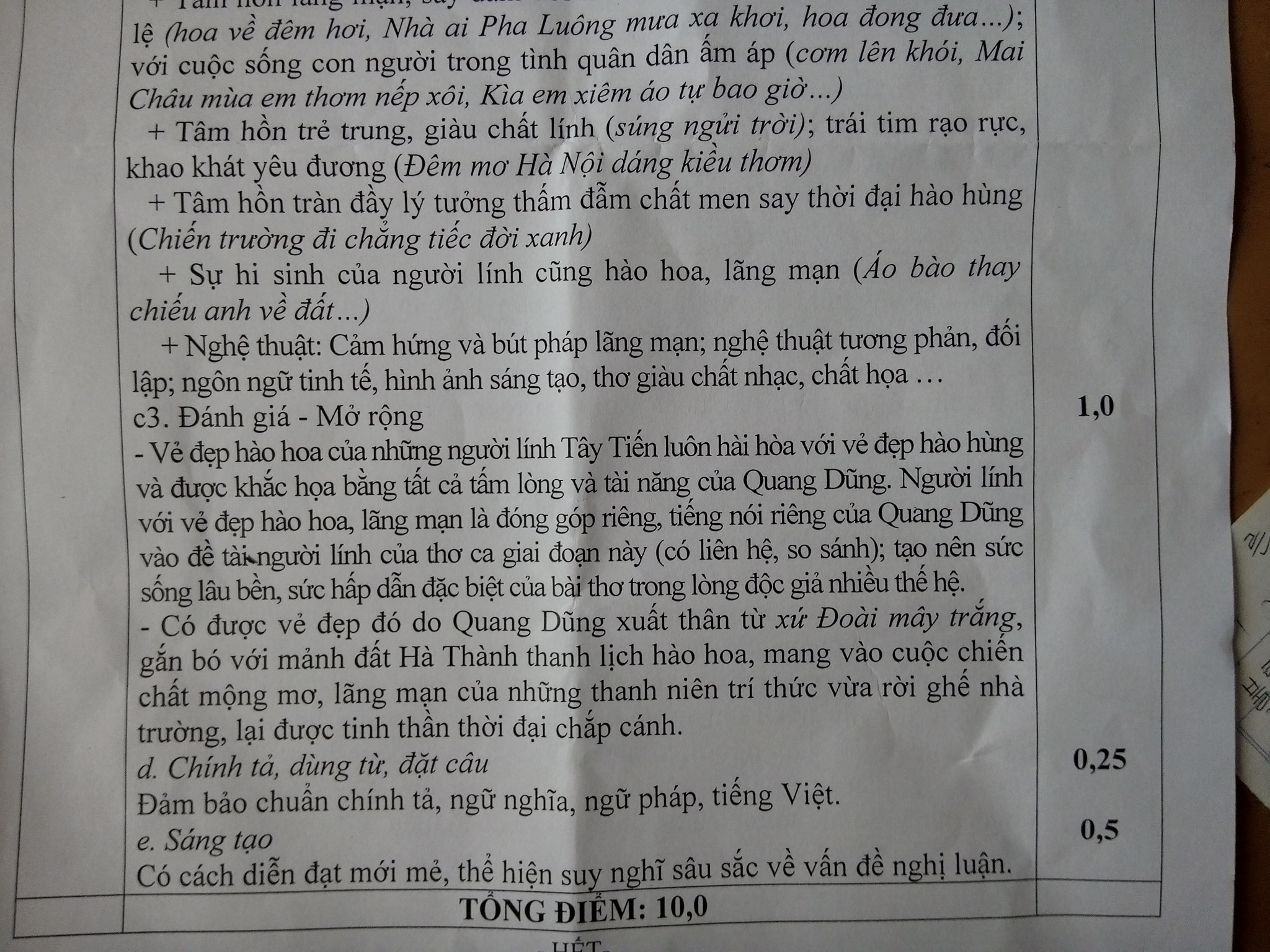 Đáp án đề thi học kì 1 Ngữ văn 12