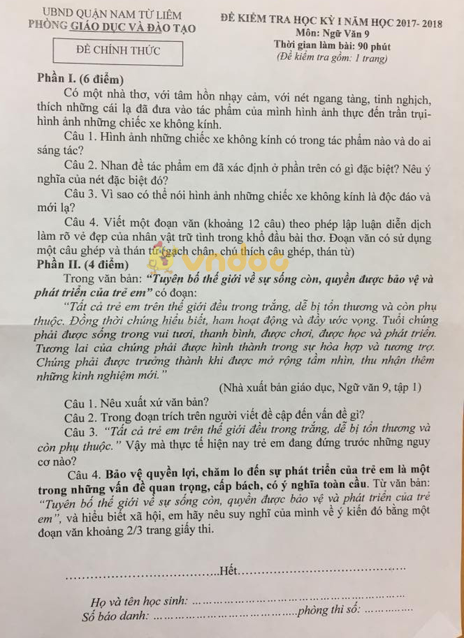 Đề kiểm tra học kì 1 lớp 9 môn Ngữ văn Phòng GD&ĐT Quận Nam Từ Liêm